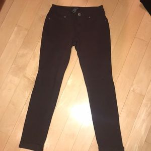 Dark purple, tight, soft like leggings, jeans